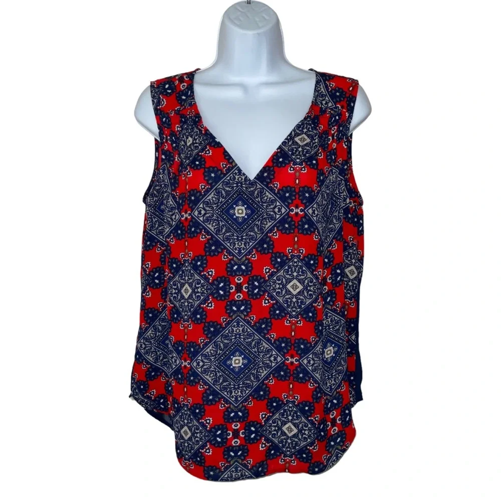 Daniel Rainn M Blouse Red Blue Geometric Lightweight Sleeveless V Neck Plunge - Picture 1 of 6